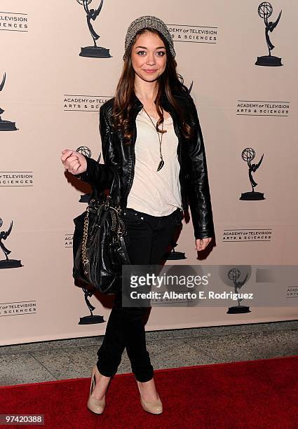 Actress Sarah Hyland arrives at the Academy of Television Arts & Sciences' Evening with "Modern Family" at Leonard H. Goldenson Theatre on March 3,...