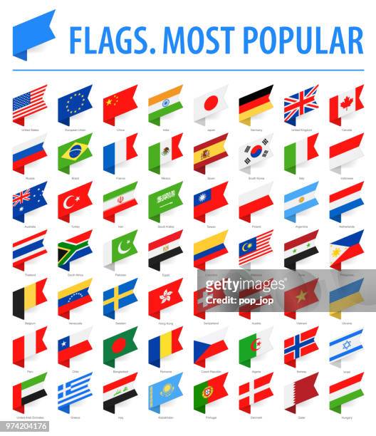 world flags - vector isometric label flat icons - most popular - national flag stock illustrations