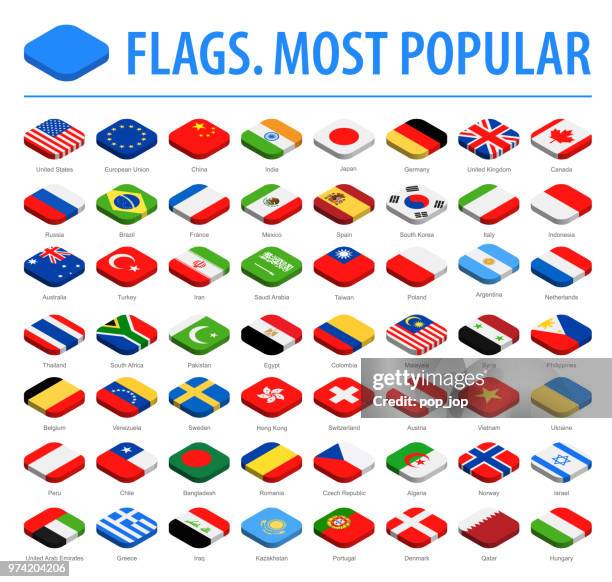 world flags - vektor isometrische abgerundet quadratisch flach icons - beliebteste - verherrlichung stock-grafiken, -clipart, -cartoons und -symbole