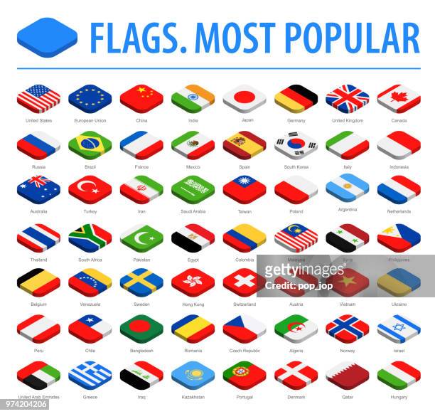 world flags - vector isometric rounded square flat icons - most popular - 3d french stock illustrations