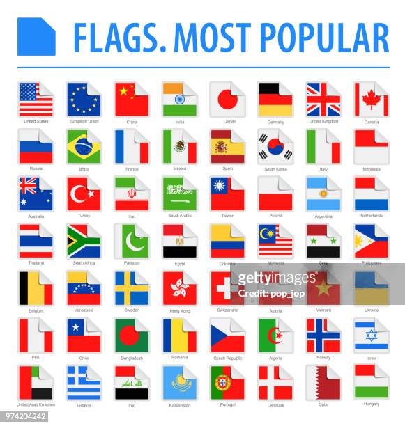 world flags - vector rounded square corner flat icons - most popular - most popular flag icon stock illustrations