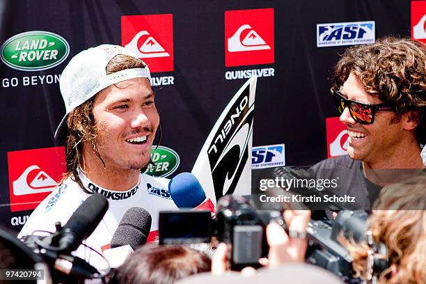 Jordy Smith of South Africa speaks to the press after winning his quarterfinal heat at the Quiksilver Pro 2010 as part of the ASP World Tour at...