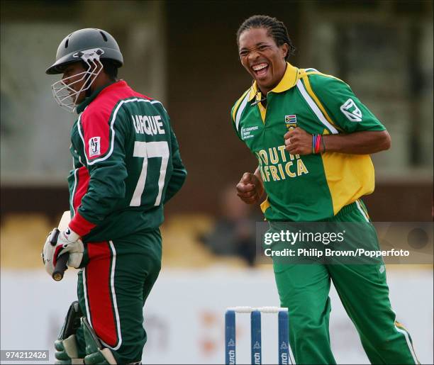 Makhaya Ntini of South Africa celebrates after dismissing Mohammad Rafique of Bangladesh for 0 in the ICC Champions Trophy match between Bangladesh...