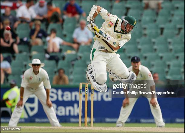 Graeme Smith of South Africa leaps to avoid a bouncer during the 4th Test match between South Africa and England at the Wanderers, Johannesburg,...