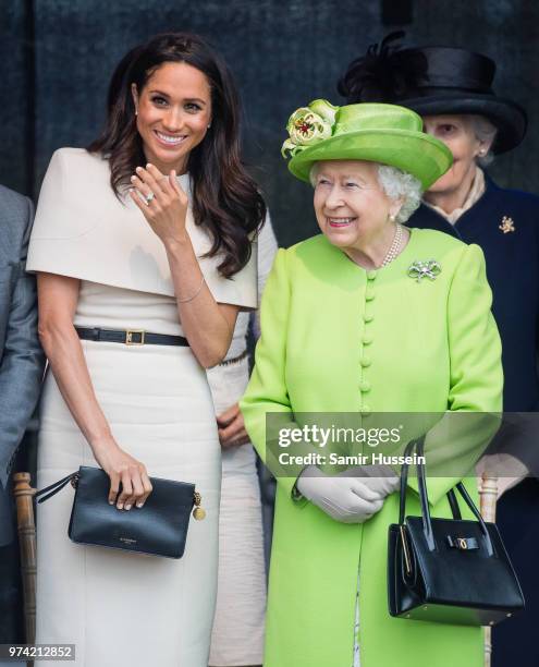 Meghan, Duchess of Sussex and Queen Elizabeth II open the new Mersey Gateway Bridge on June 14, 2018 in Widness, England.