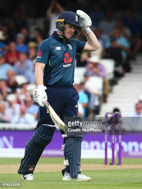 England's Eoin Morgan during One Day International Series match between England and Australia at Kia Oval Ground, London, England on 13 June 2018.