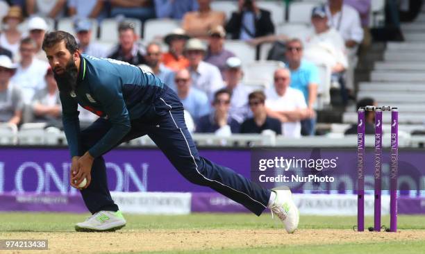 England's Moeen Ali during One Day International Series match between England and Australia at Kia Oval Ground, London, England on 13 June 2018.