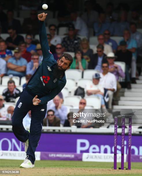 England's Moeen Ali during One Day International Series match between England and Australia at Kia Oval Ground, London, England on 13 June 2018.