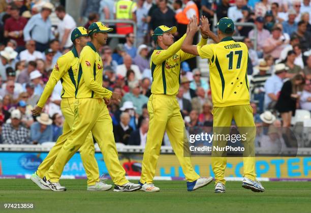 Arcy Short of Australia celebrates the catch of England's Moeen Ali during One Day International Series match between England and Australia at Kia...