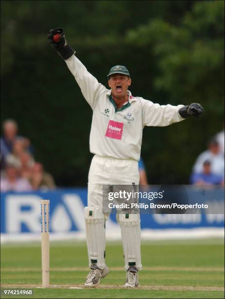 Worcestershire wicketkeeper Steve Rhodes appeals for a run out during the C&G Trophy match betwenn Worcestershire and Yorkshire at New Road,...