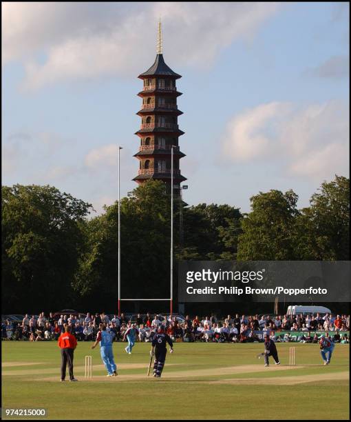 General view of the ground with the Great Pagoda of Kew Gardens in the background during the Twenty20 Cup match between Middlesex and Kent at Old...
