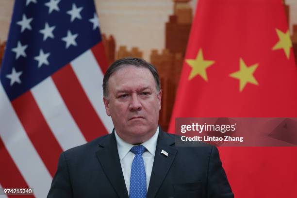 Secretary of State Mike Pompeo speaks during a press conference at the Great Hall of the People on June 14, 2018 in Beijing, China. U.S. Secretary of...