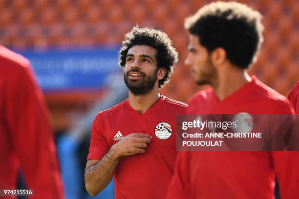 Egypt's forward Mohamed Salah gestures as he takes part in a training session at Ekaterinburg Stadium in Ekaterinburg on June 14 a day ahead the...