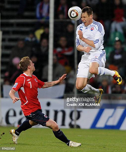 Bjoern Helge Riise of Norway and Slovakia's Radoslav Zabavnik fight for a ball during their friendly match between Slovakia and Norway in Zilina on...