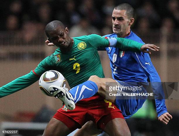 Cameroon's Samuel Eto'o vies with Italy's Leonardo Bonucci during their friendly football match Italy vs Cameroon, on March 03, 2010 at Louis II...