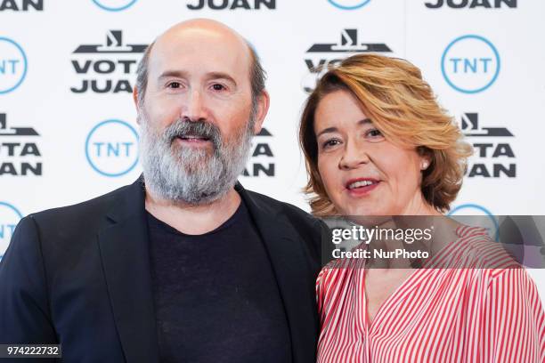 Spanish actor Javier Camara and actress Maria Pujalte attend the 'Vota Juan' photocall at Palace Hotel on June 14, 2018 in Madrid, Spain.