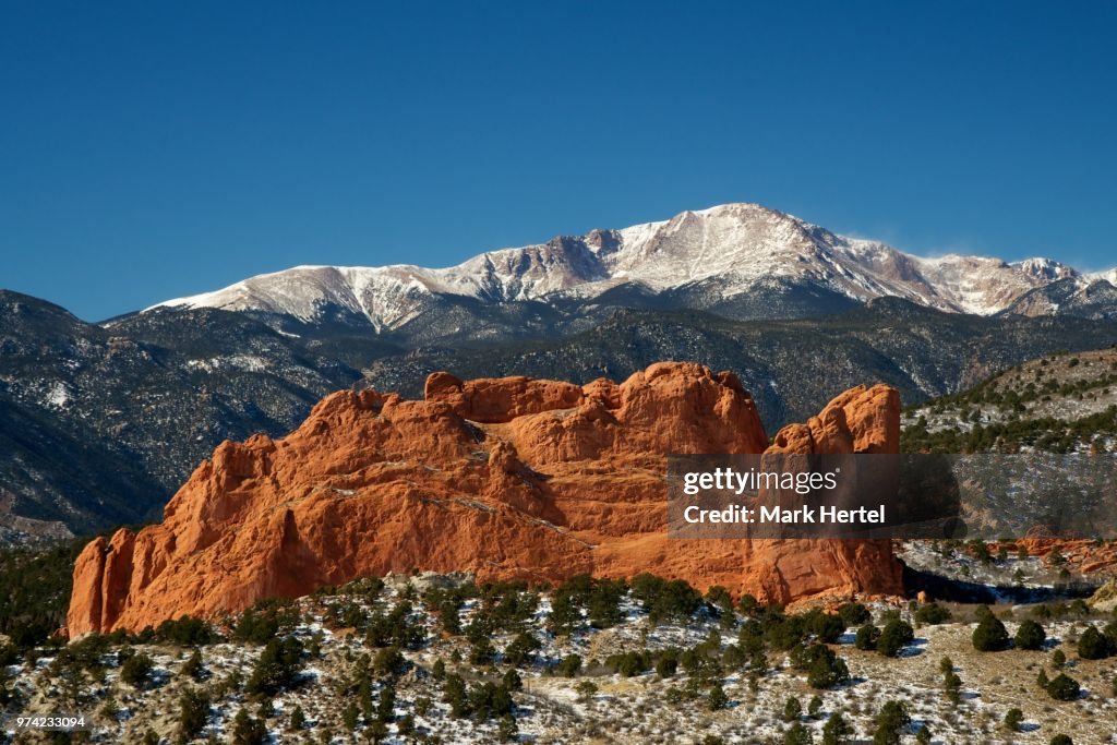 Pikes Peak and Garden of gods under clear sky, Colorado, USA