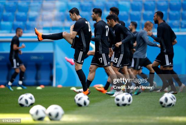 Iran players seen in a training session at the St Petersburg stadium during previews ahead of the 2018 FIFA World Cup on June 14, 2018 in St...
