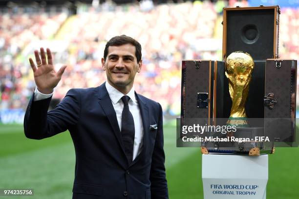 Spain Legend Iker Casillas is seen next to the World Cup trophy prior to the 2018 FIFA World Cup Russia Group A match between Russia and Saudi Arabia...