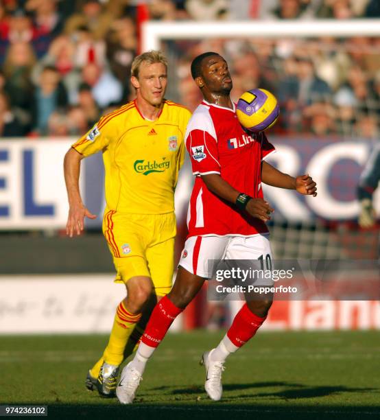 Darren Bent of Charlton Athletic and Sami Hyypia of Liverpool in action during the Barclays Premiership match between Charlton Athletic and Liverpool...