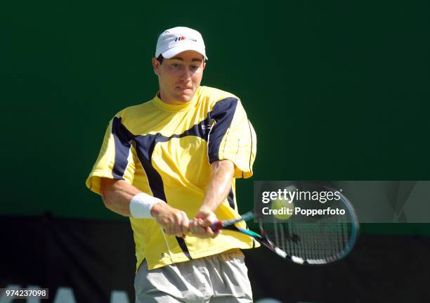 Alan Mackin of Great Britain in action during his third qualifying match against Federico Luzzi of Italy at Melbourne Park ahead of the Australian...