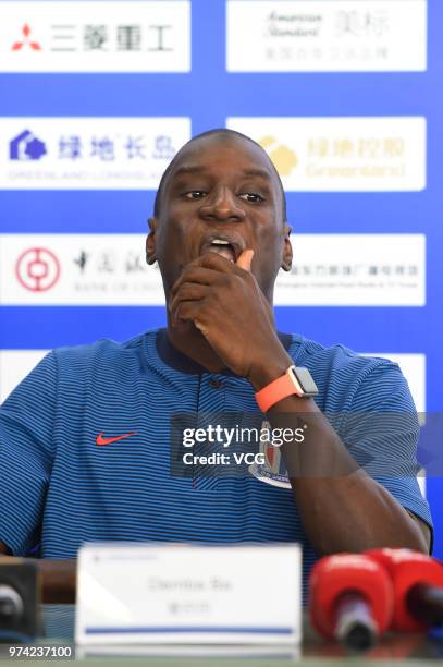 Shanghai Shenhua new signing Demba Ba attends a press conference on June 14, 2018 in Shanghai, China.