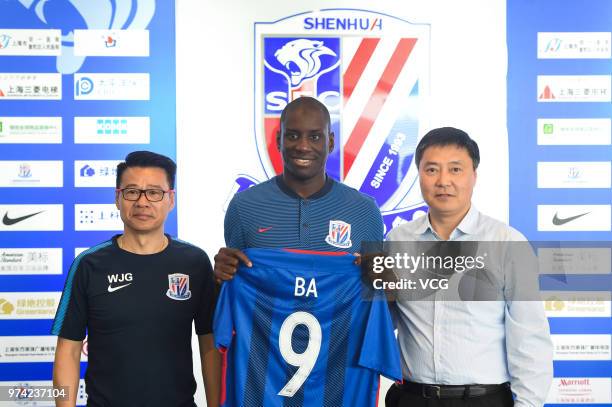 Shanghai Shenhua new signing Demba Ba attends a press conference on June 14, 2018 in Shanghai, China.