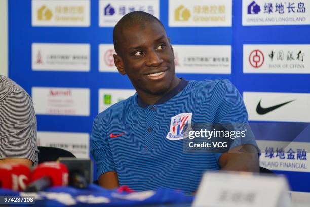 Shanghai Shenhua new signing Demba Ba attends a press conference on June 14, 2018 in Shanghai, China.