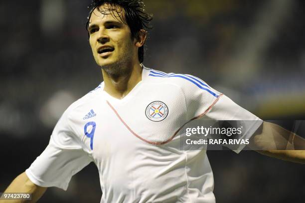 Paraguay's Roque Santa Cruz celebrates after scoring against Athletic Bilbao, during a friendly football match, on March 3 at San Mames stadium in...