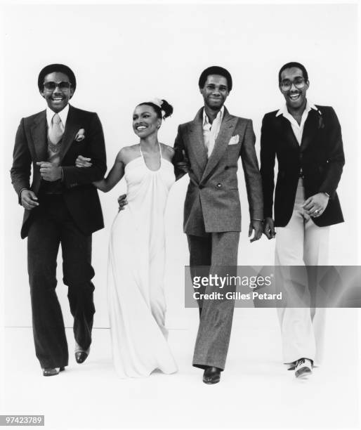 Bernard Edwards, Norma Jean Wright, Nile Rodgers and Tony Thompson pose for a studio portrait in 1977 in the United States.