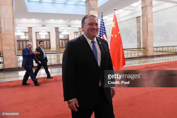 Secretary of State Mike Pompeo arrives for a meeting with Chinese Foreign Minister Wang Yi in the Great Hall of the People on June 14, 2018 in...