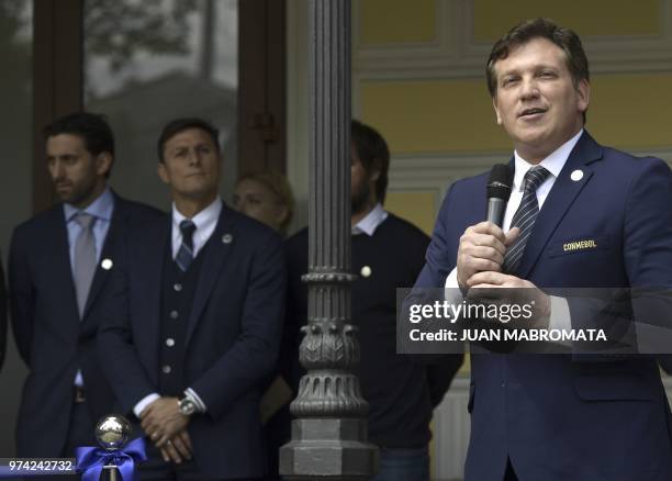 Conmebol's President Alejandro Dominguez delivers a speech to FIFA's President Gianni Infantino AFA's President Claudio Tapia among other heads of...