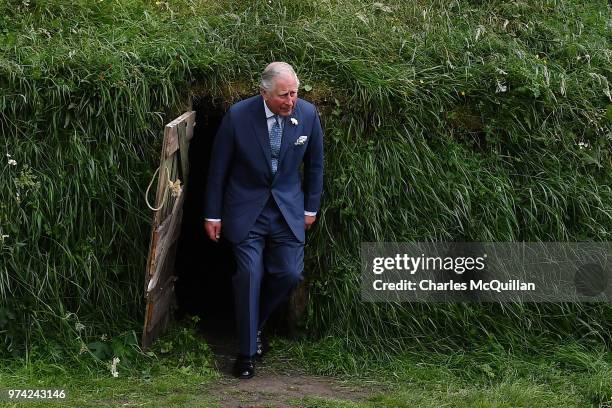Prince Charles, Prince of Wales inspects a "Famine hut" at University College Cork on June 14, 2018 in Cork, Ireland. The Prince of Wales and Duchess...
