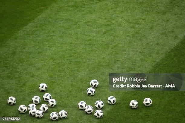 General View of match balls on the pitch prior to the 2018 FIFA World Cup Russia group A match between Russia and Saudi Arabia at Luzhniki Stadium on...