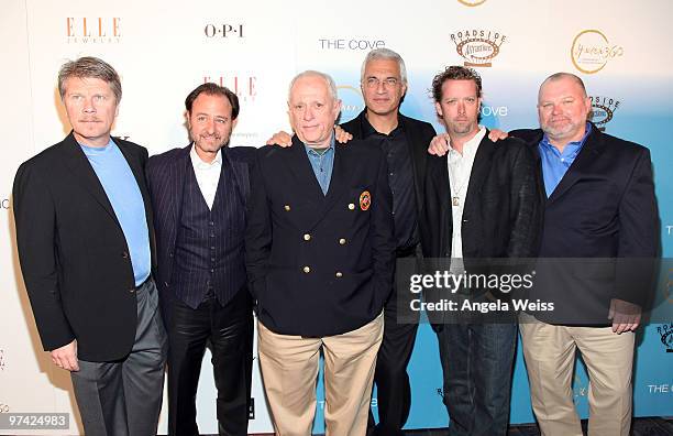 Simon Hutchins of OPS, producer Fisher Stevens, Ric O'Barry, director Louie Psihoyo, Joe Chisholm and Greg Mooney of OPS attend HAVEN360,...