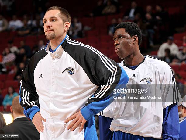 Ryan Anderson and Mickael Pietrus of the Orlando Magic wait in the layup line before the game against the Golden State Warriors on March 3, 2010 at...