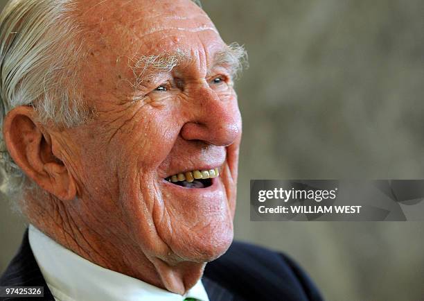 Former Australian prime minister Malcolm Fraser laughs during the launch of his first political memoirs at the University of Melbourne's Law School...