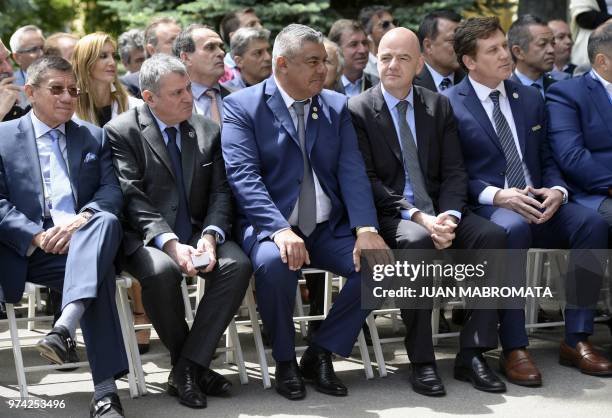 S President Gianni Infantino , CONMEBOL's President Alejandro Dominguez , AFA's President Claudio Tapia , and UAF's President Wilmar Valdez attend...