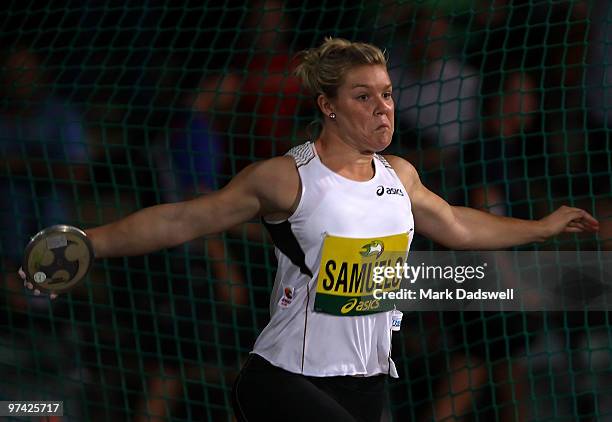 Dani Samuels of Australia competes in the Womens Discus Throw during the IAAF Melbourne Track Classic at Olympic Park on March 4, 2010 in Melbourne,...