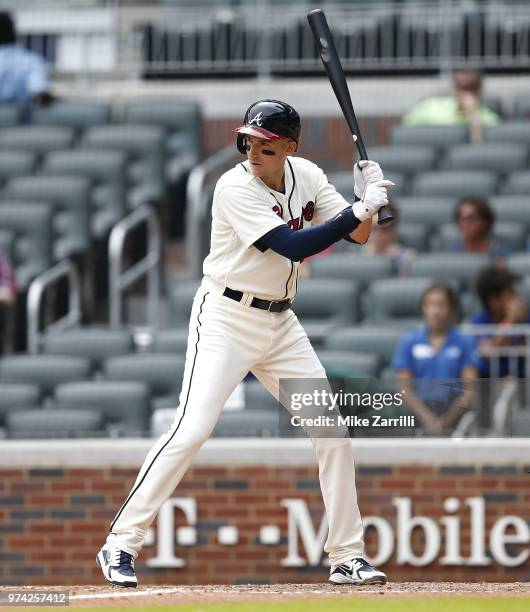 Pinch hitter Ryan Flaherty of the Atlanta Braves waits for a pitch during the game against the Miami Marlins at SunTrust Park on May 20, 2018 in...