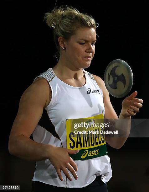 Dani Samuels of Australia competes in the Womens Discus Throw during the IAAF Melbourne Track Classic at Olympic Park on March 4, 2010 in Melbourne,...