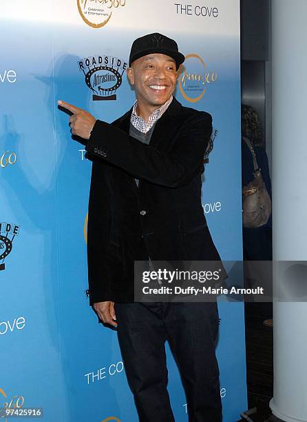 Mogul Russell Simmons attends the official cocktail reception honoring "The Cove" Academy Award Nomination at Andaz Hotel on March 3, 2010 in West...