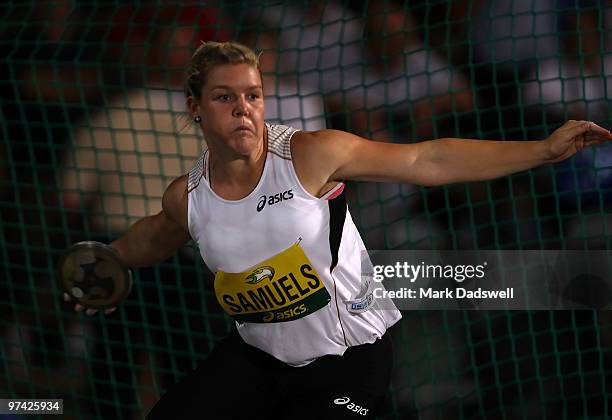 Dani Samuels of Australia competes in the Womens Discus Throw during the IAAF Melbourne Track Classic at Olympic Park on March 4, 2010 in Melbourne,...