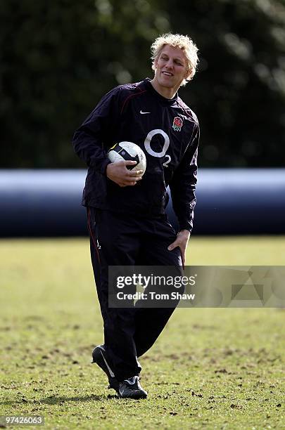 Lewis Moody of England warms up during England training at Pennyhill Park on March 4, 2010 in Bagshot, England.