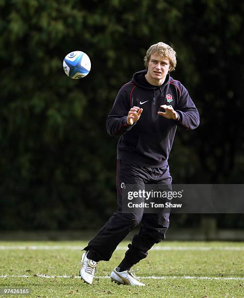 Matthew Tait of England warms up during England training at Pennyhill Park on March 4, 2010 in Bagshot, England.