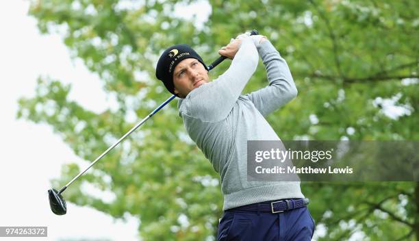 Lukas Nemecz of Austria tees off on the 10th hole during day one of the Hauts de France Golf Open at Aa Saint Omer Golf Club on June 14, 2018 in...