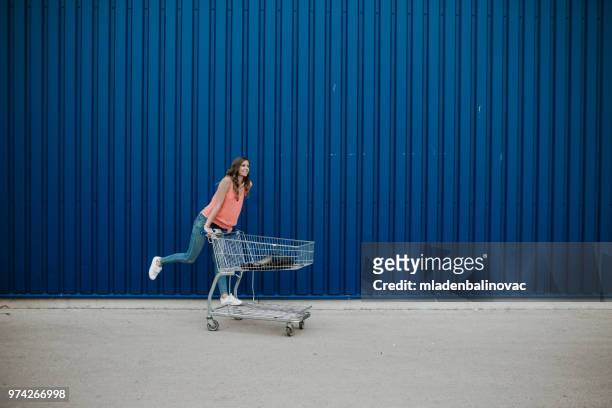 modern woman in shopping - young woman trolley stock pictures, royalty-free photos & images