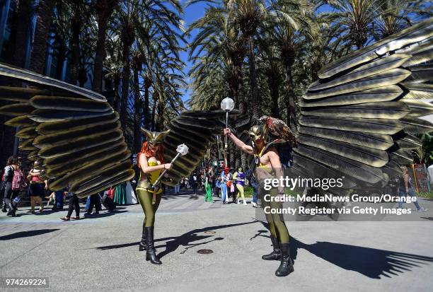 Andy Holt, portraying Hawkman, right, spreads his wings as he joins Julia Jenkins, as Hawkgirl #notasidekick, during WonderCon in Anaheim on Friday,...