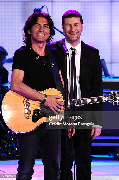 Luciano Ligabue and Fabio Fazio during the Italian tv show "Che tempo che fa" on May 22, 2008 in Milan, Italy.