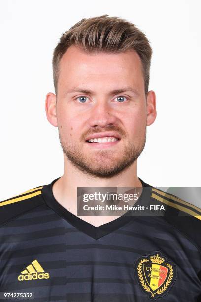 Simon Mignolet of Belgium poses for a portrait during the official FIFA World Cup 2018 portrait session at the Moscow Country Club on June 14, 2018...